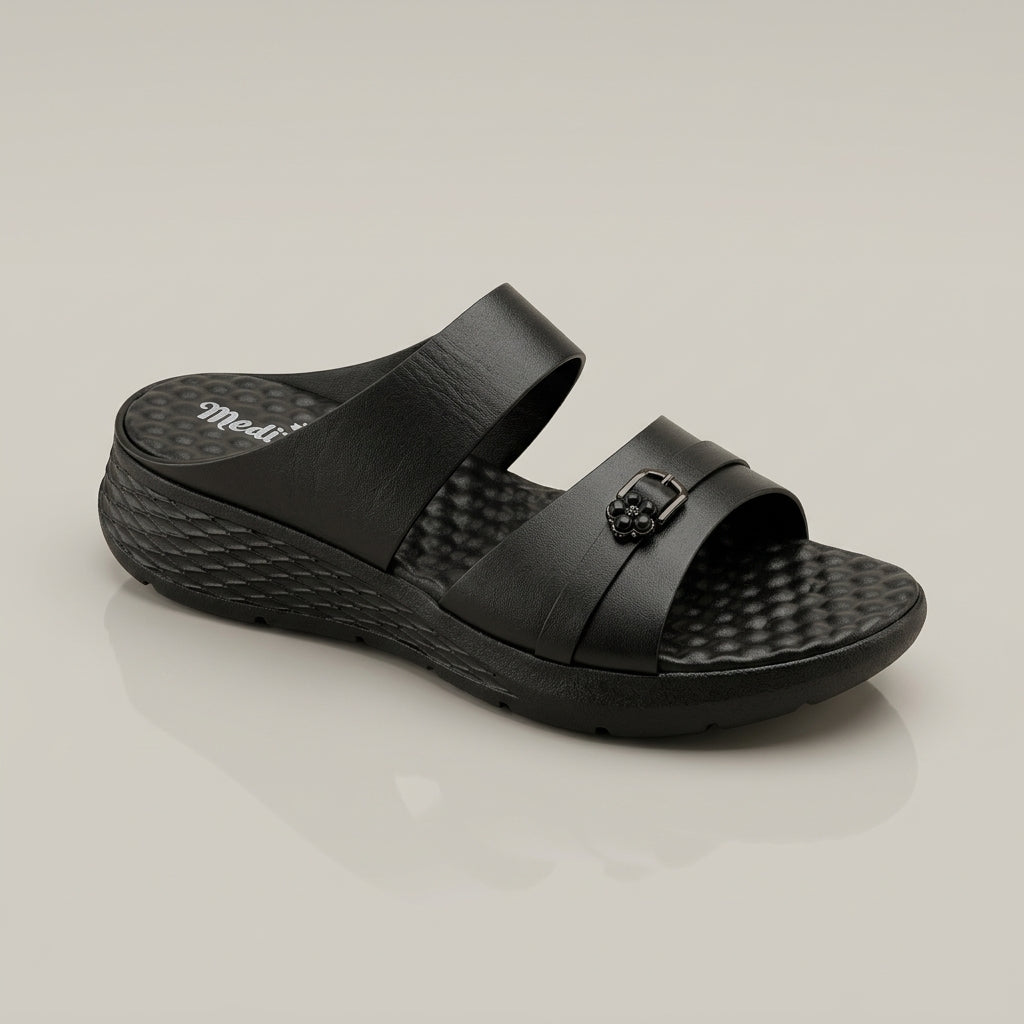 লেডিস হাওয়াই | Black Women’s Lightweight Comfort Leather Shoe - 208