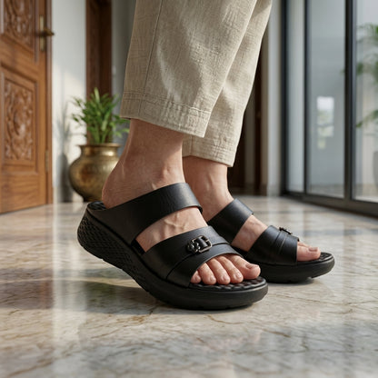 লেডিস হাওয়াই | Black Women’s Lightweight Comfort Leather Shoe - 208