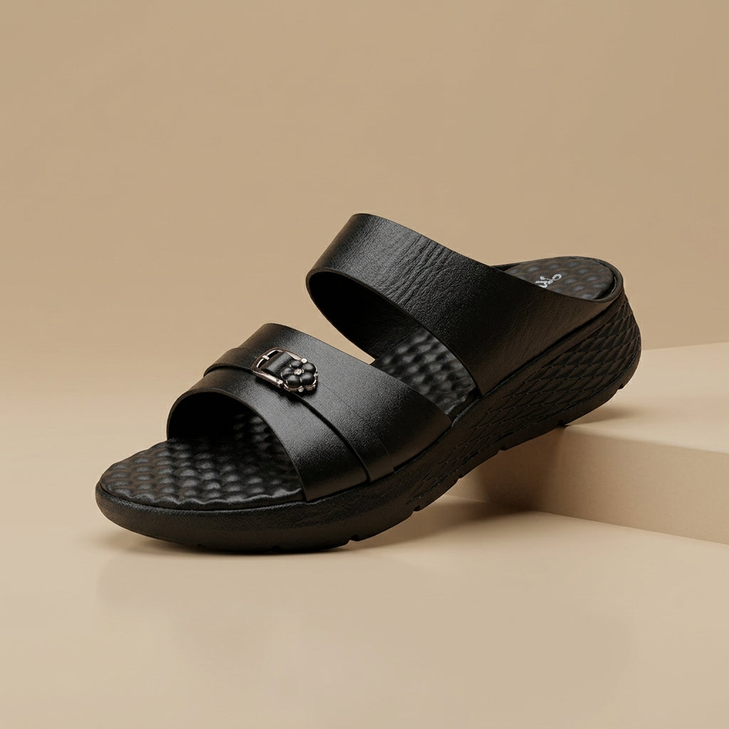 লেডিস হাওয়াই | Black Women’s Lightweight Comfort Leather Shoe - 208