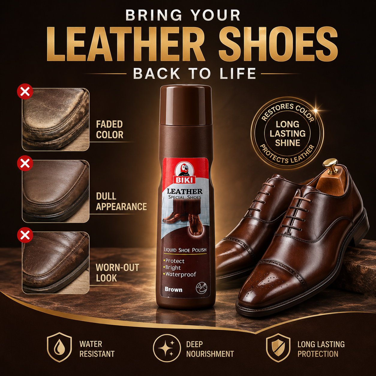 BIKI BROWN Leather Liquid Shoe Polish 75ml